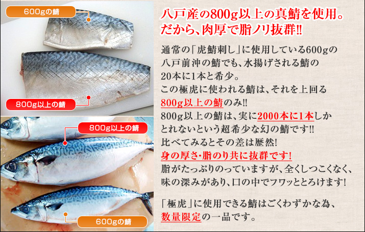 八戸産の800g以上の真鯖を使用。だから、肉厚で脂ノリ抜群!!通常の「虎鯖刺し」に使用している600gの八戸前沖の鯖でも、水揚げされる鯖の20本に1本と希少。この極虎に使われる鯖は、それを上回る800g以上の鯖のみ!!800g以上の鯖は、実に2000本に1本しかとれないという超希少な幻の鯖です!!比べてみるとその差は歴然!身の厚さ・脂のり共に抜群です!脂がたっぷりのっていますが、全くしつこくなく、味の深みがあり、口の中でフワッととろけます!「極虎」に使用できる鯖はごくわずかな為、数量限定の一品です。